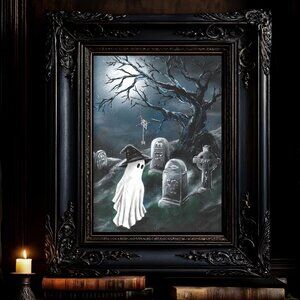 Original Artwork, 12"x9" Acrylic Painting, "Past Lives", Ghost Witch in a Cemete